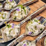 Elegant canapé platter for luxury Boston event catering- Ceviche Spoons