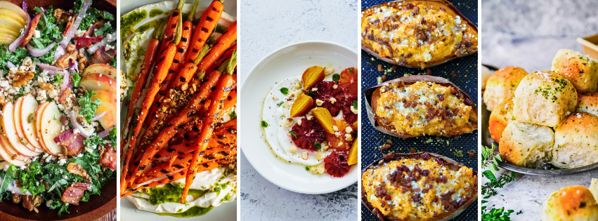 A vibrant collage of Thanksgiving sides from FoodSaucy, including an apple kale salad with goat cheese and walnuts, roasted carrots with herbs, beets over whipped feta, twice-baked sweet potatoes with gruyère and bacon, and golden Parker House rolls with honey butter — showcasing an elegant farm-to-table holiday menu by private chef Krystal.