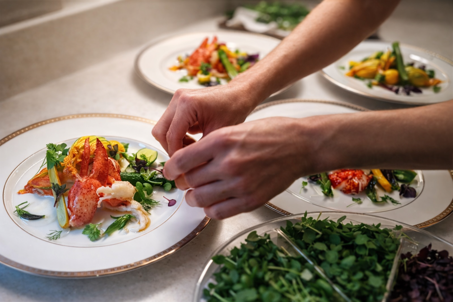 Chef plating a lobster dish with fresh microgreens and seasonal vegetables for a private dining experience in Boston
